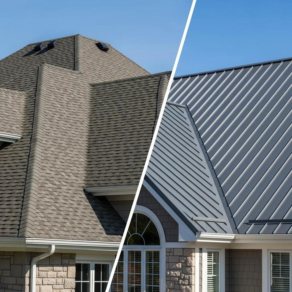 Side-by-side comparison of asphalt shingle and metal roofing, highlighting durability and long-term lifespan differences for residential homes.
