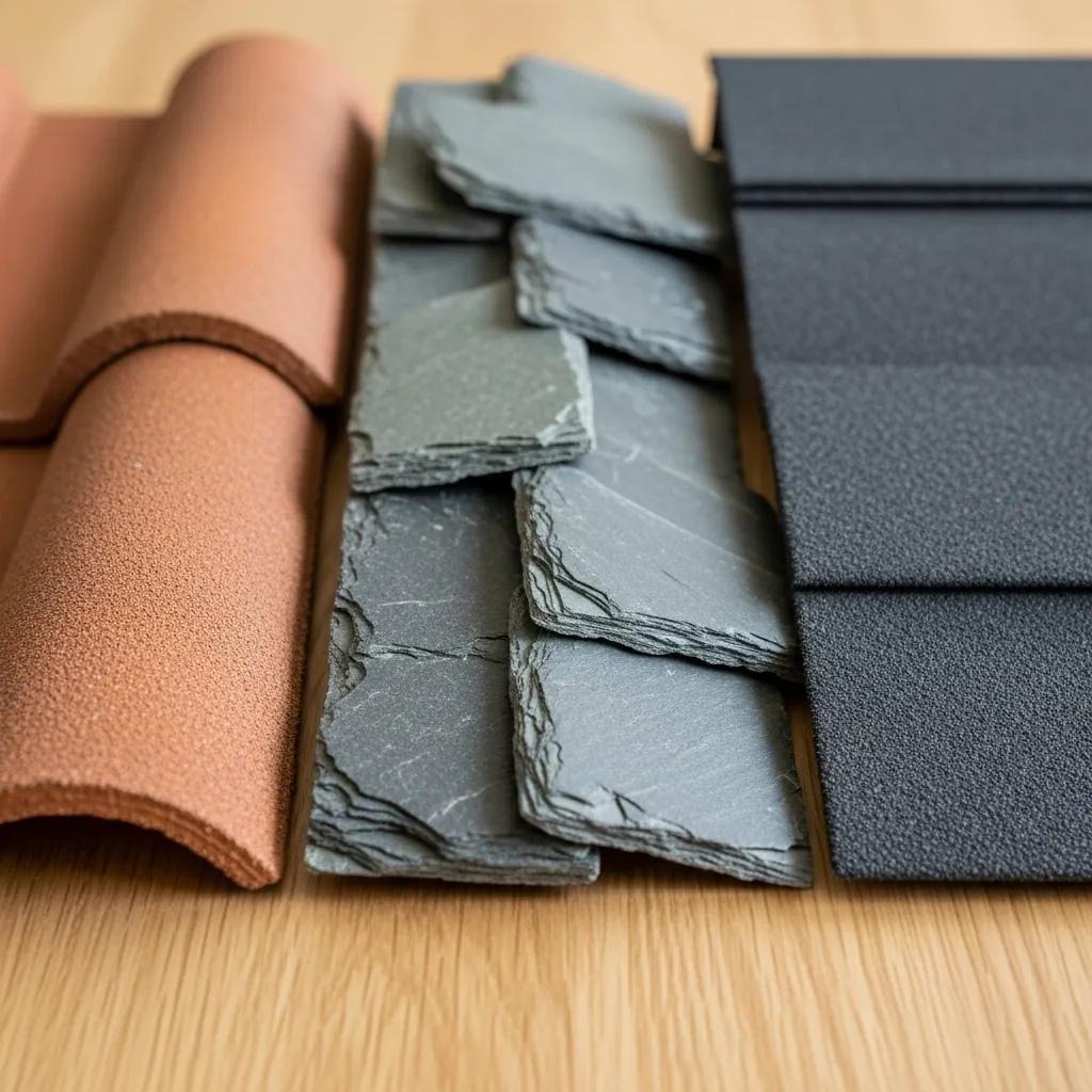 Close-up of tile, slate, and synthetic roofing materials, comparing upfront cost, durability, and ongoing maintenance needs.