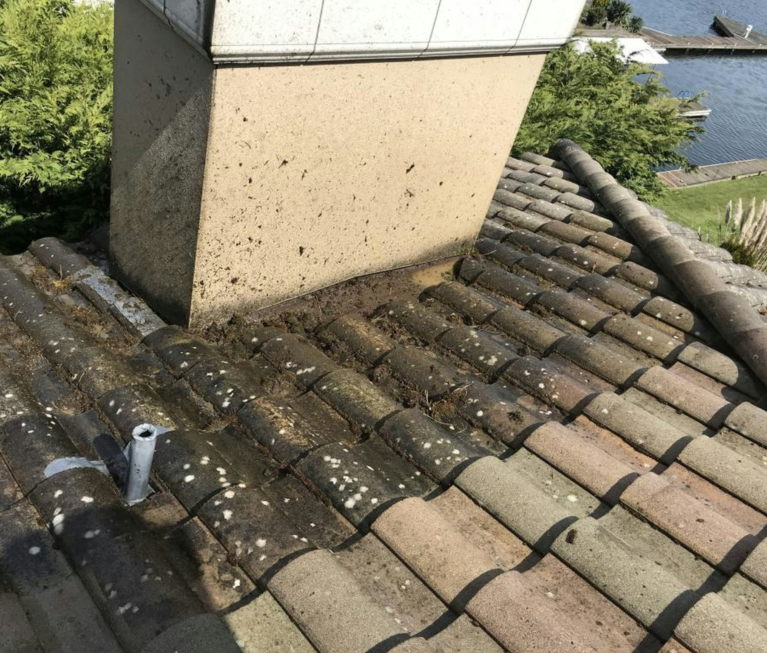 Worn and damaged roof tiles with debris buildup, highlighting common issues that can cause persistent leaks and require affordable roof repair or roof upgrade services.