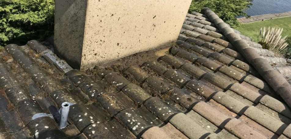 Worn and damaged roof tiles with debris buildup, highlighting common issues that can cause persistent leaks and require affordable roof repair or roof upgrade services.