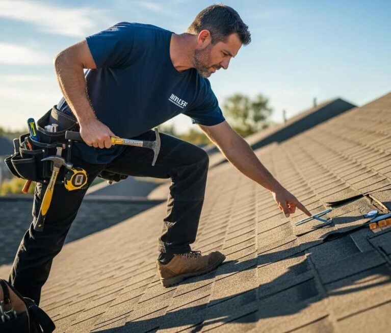 Professional roofing contractor inspecting a roof with tools, emphasizing expertise in roofing services