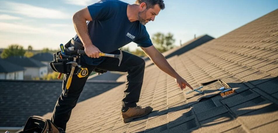 Professional roofing contractor inspecting a roof with tools, emphasizing expertise in roofing services