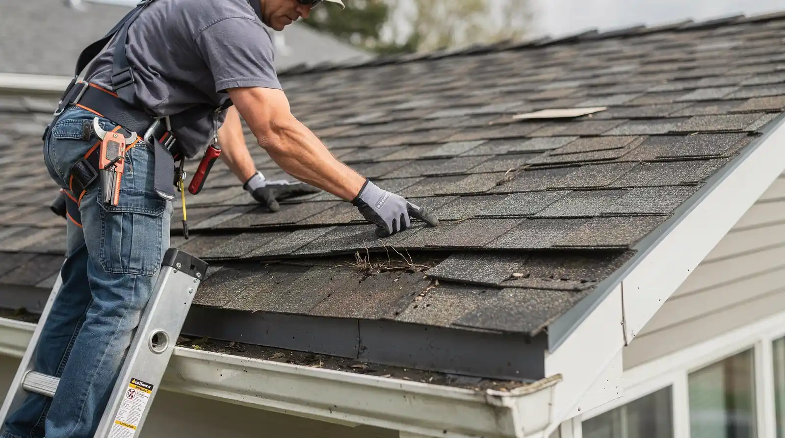 A proper roof inspection starts with a safe visual check of the shingles from ground